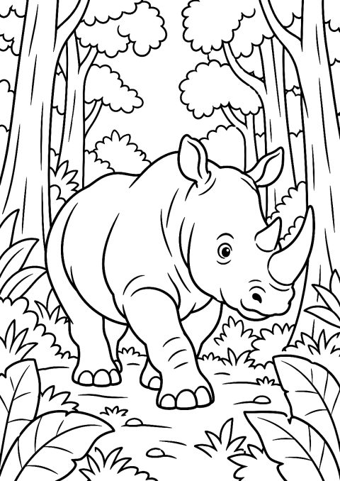 Neushoorn loopt door een bos kleurplaat – kleurplaat om af te drukken