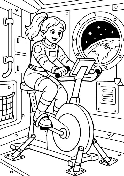 Astronautka cvičí ve fitness místnosti vesmírné lodi jako omalovánka – omalovánka k vytisknutí