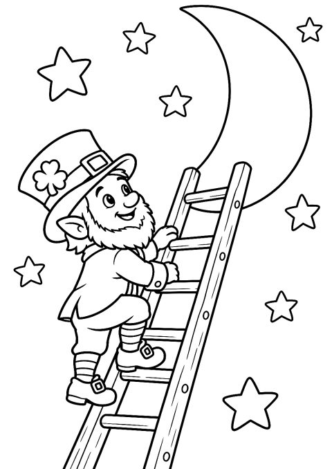 Kobold klettert eine Leiter zum Mond als Malvorlage – Ausmalbild zum Ausdrucken