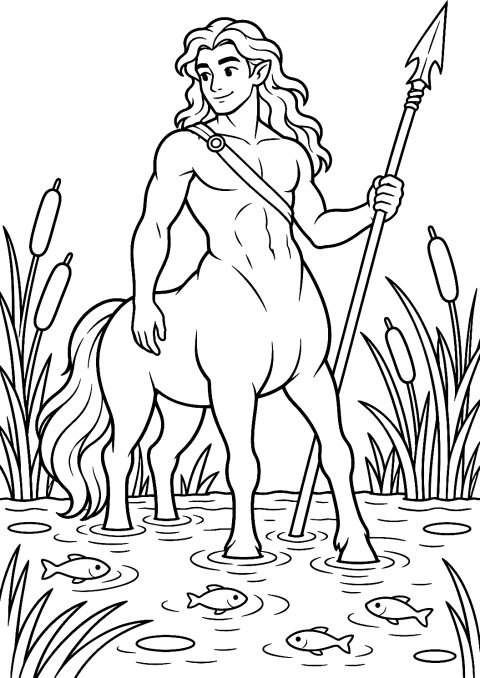 Centaur na delcie rzeki podczas łowienia ryb jako kolorowanka – kolorowanka do druku