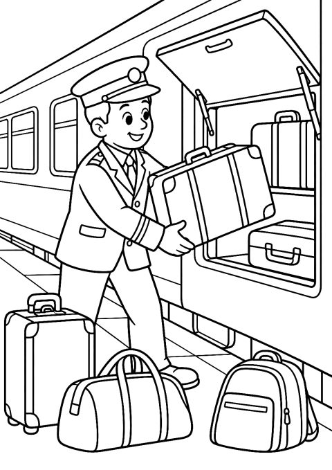 Togkonduktør, der læsser bagage, som malebog – malebog til udskrivning