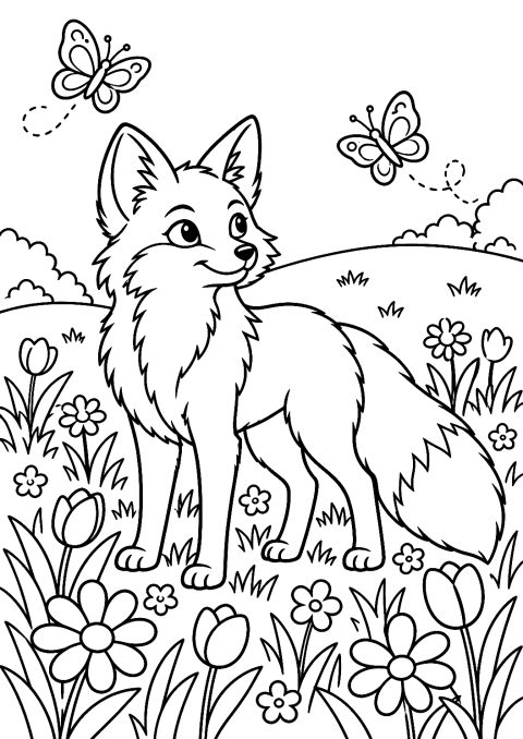Räv på en blomsteräng på våren som målarbild – målarbild att skriva ut