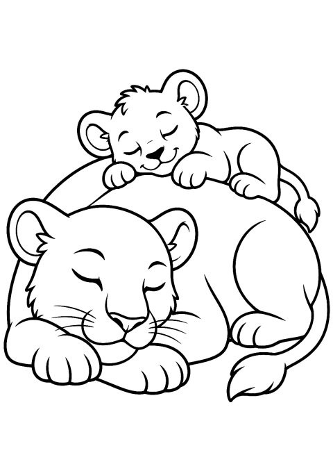 León bebé durmiendo sobre la espalda de su mamá para colorear – dibujo para colorear e imprimir