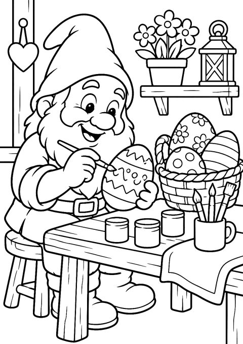 Gnomo Pintando Huevos de Pascua en el Taller para Colorear – dibujo para colorear e imprimir