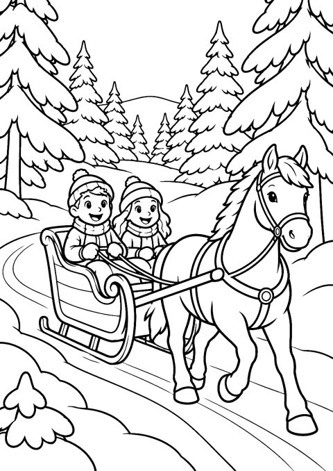 Gita in slitta nel bosco innevato da colorare – disegno da colorare da stampare