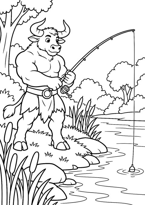 Minotauro che pesca sul fiume da colorare – disegno da colorare da stampare