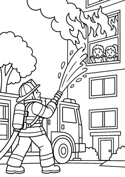 Vigilessa del Fuoco Spegne un Incendio in Appartamento da Colorare – disegno da colorare da stampare