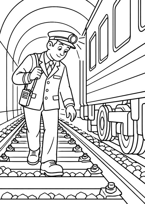 Maszynista w tunelu z latarką czołową jako kolorowanka – kolorowanka do druku