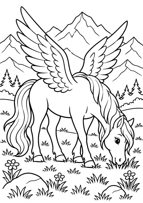Pegaso al Pascolo su un Prato Alpino da Colorare – disegno da colorare da stampare