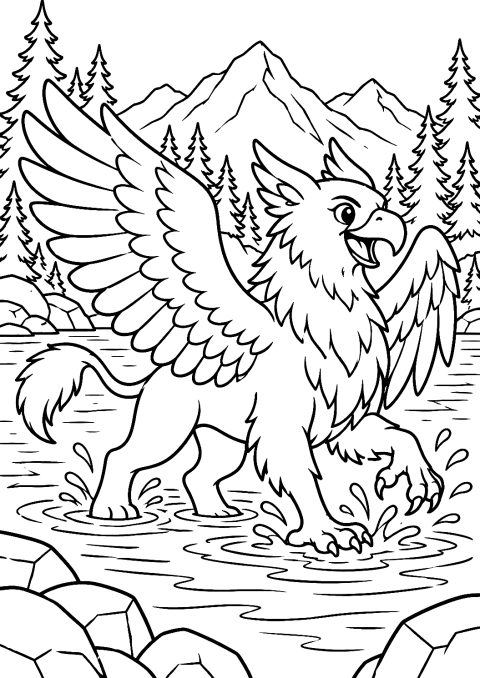 Griffin Bathing in a Clear Mountain Lake Coloring Page – printable coloring page
