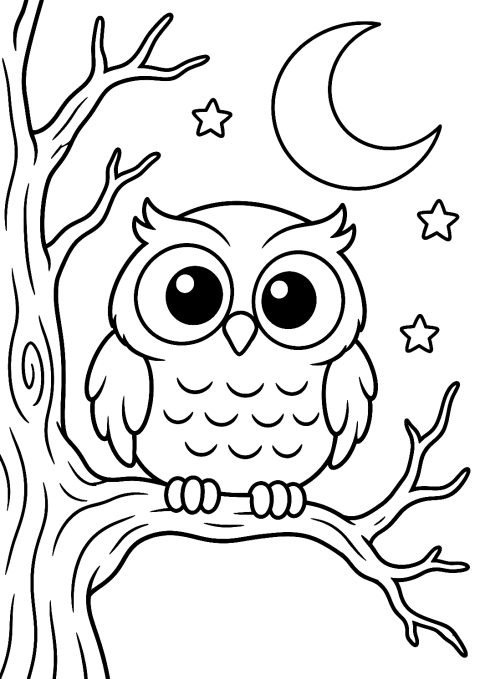 Owl Sitting on a Gnarled Branch Coloring Page – printable coloring page
