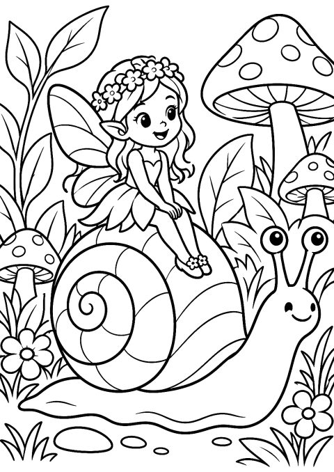 Une Fée Chevauche un Escargot dans le Jardin à Colorier – coloriage à imprimer