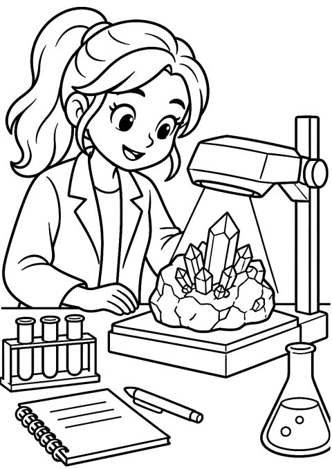 Scientifique testant une roche extraterrestre au laboratoire à colorier – coloriage à imprimer