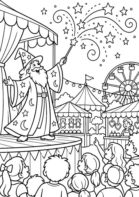 Le Magicien à la Fête Foraine Montre un Feu d'Artifice Magique à Colorier – coloriage à imprimer