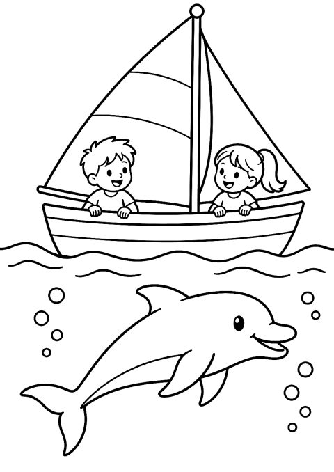 Delfino sotto una barca a vela da colorare – disegno da colorare da stampare