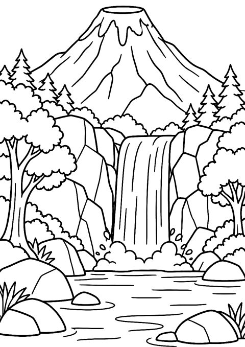 Volcano with Waterfall at Its Base Coloring Page – printable coloring page