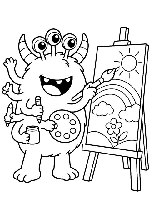 Monster schildert een tekening met een penseel als kleurplaat – kleurplaat om af te drukken