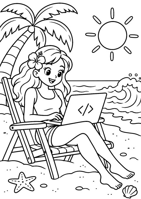Programmeuse Construisant un Site Web sur la Plage à Colorier – coloriage à imprimer