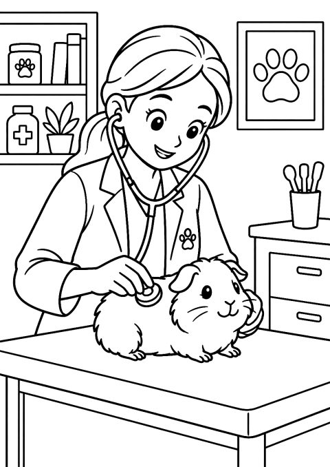 Vétérinaire Examinant un Cochon d'Inde à Colorier – coloriage à imprimer