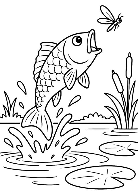Fisch springt aus dem Teich nach einer Mücke als Malvorlage – Ausmalbild zum Ausdrucken