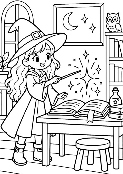 Kleine Hexe übt Zaubersprüche im Klassenzimmer als Malvorlage – Ausmalbild zum Ausdrucken