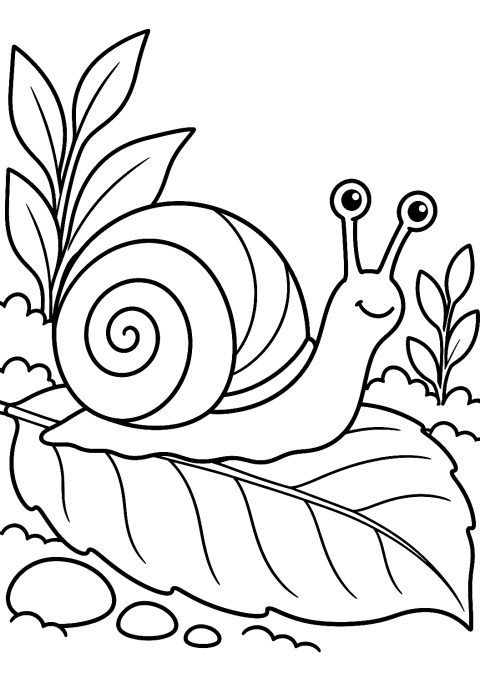 Schnecke auf einem Blatt im Wald als Malvorlage – Ausmalbild zum Ausdrucken