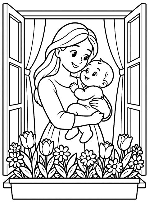Maman tenant son bébé dans ses bras à la fenêtre au printemps à colorier – coloriage à imprimer