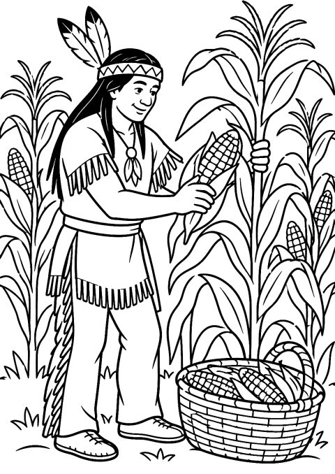 Coloriage d'un Indien récoltant le maïs – coloriage à imprimer