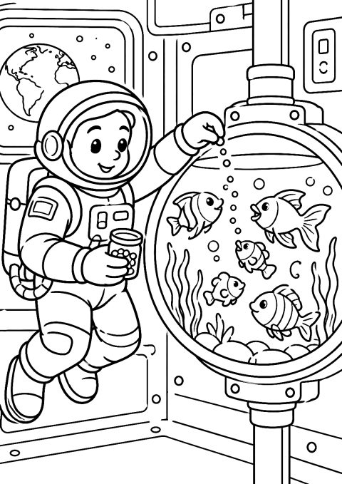 Astronautti ruokkii kaloja avaruusakvaariossa värityskuvana – tulostettava värityskuva