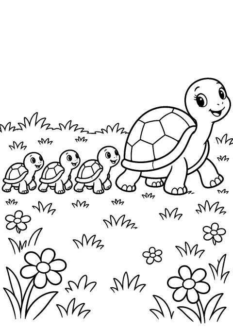 お散歩するカメの家族のぬりえ – 印刷用ぬりえ
