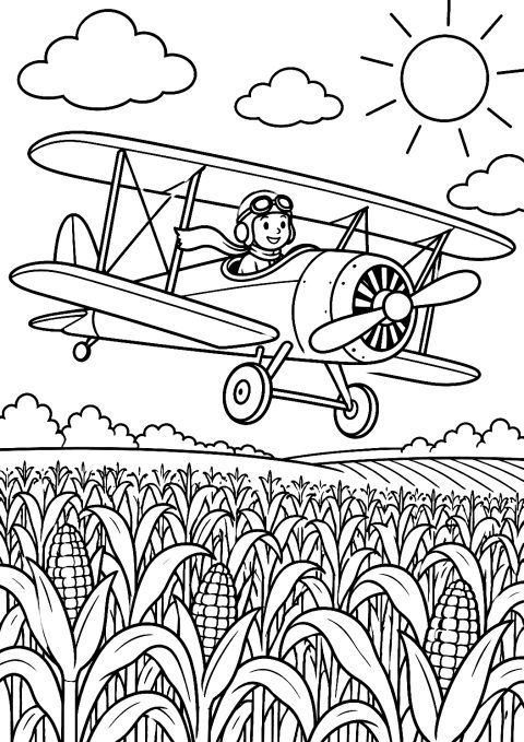 Piloto a Voar um Biplano Sobre um Campo de Milho no Verão Página para Colorir – desenho para colorir para imprimir