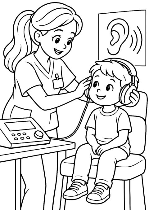 Enfermeira a Fazer um Teste de Audição a uma Criança para Colorir – desenho para colorir para imprimir