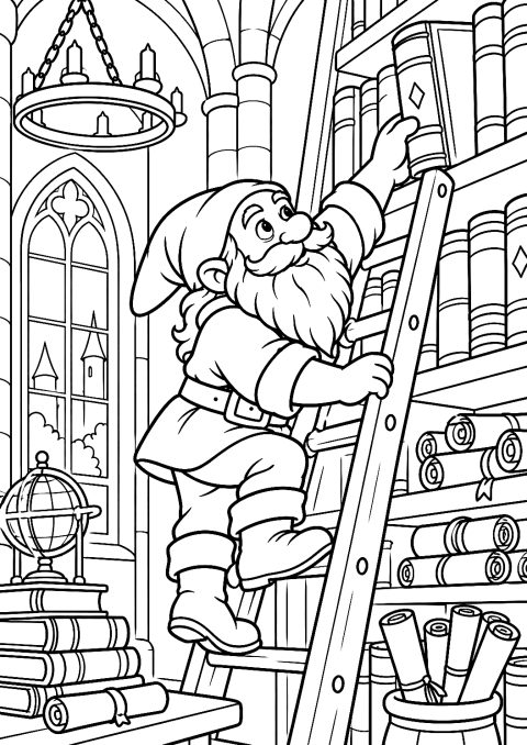 Gnomo che Sale su una Scala verso la Libreria da Colorare – disegno da colorare da stampare