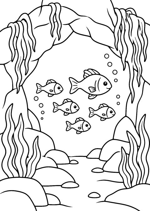 魚の群れがいる海底洞窟のぬりえ – 印刷用ぬりえ