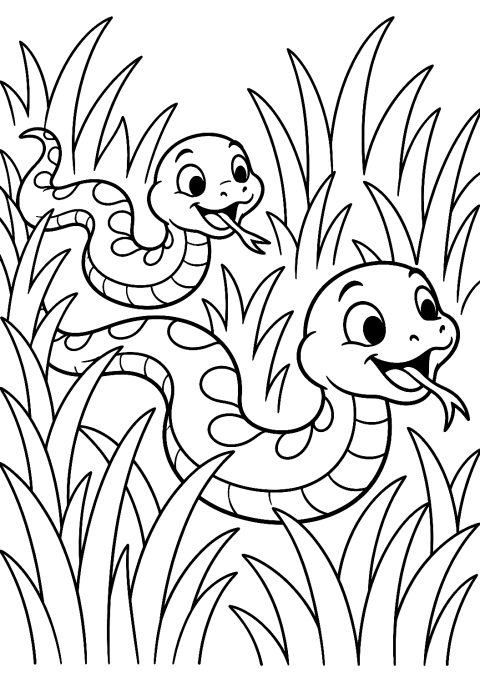 Deux Serpents Jouent à Chat dans l'Herbe à Colorier – coloriage à imprimer