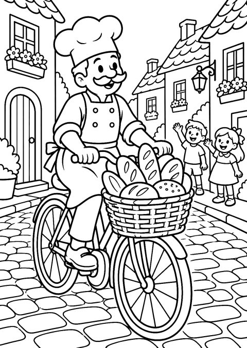 Panettiere in Bicicletta Consegna il Pane da Colorare – disegno da colorare da stampare