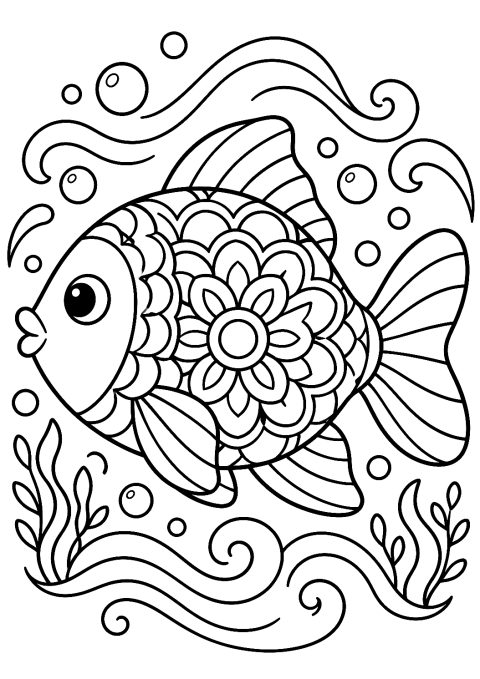 Fisch Mandala im Meer als Malvorlage – Ausmalbild zum Ausdrucken