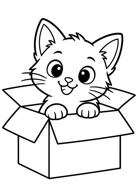 Katze schaut aus einer Pappbox als Malvorlage – Ausmalbild zum Ausdrucken