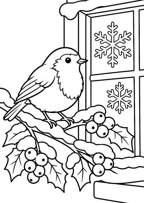 Vogel pickt Weihnachtsbeeren im Schnee als Malvorlage – Ausmalbild zum Ausdrucken