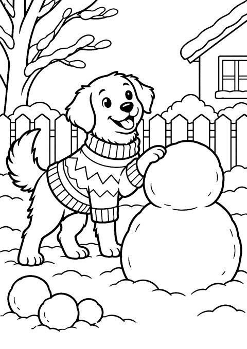 Hund im Schneeanzug baut Schneemann als Malvorlage – Ausmalbild zum Ausdrucken