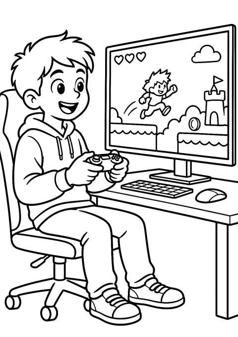 Programmierer testet ein Computerspiel mit Controller als Malvorlage – Ausmalbild zum Ausdrucken