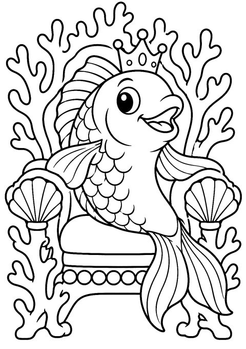 Pez con corona sentado en un trono de coral para colorear – dibujo para colorear e imprimir
