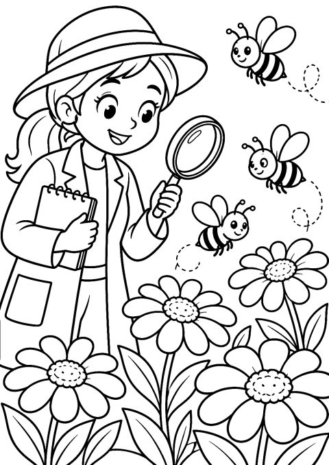 Scientist Observing Bees in the Garden Coloring Page – printable coloring page