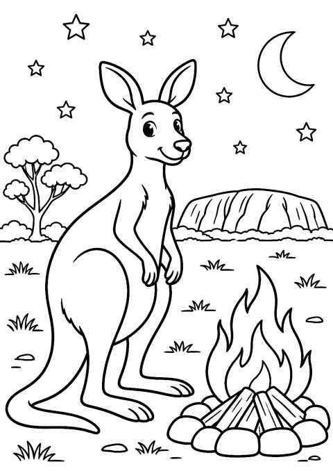 Känguru steht am Lagerfeuer in der Nacht als Malvorlage – Ausmalbild zum Ausdrucken