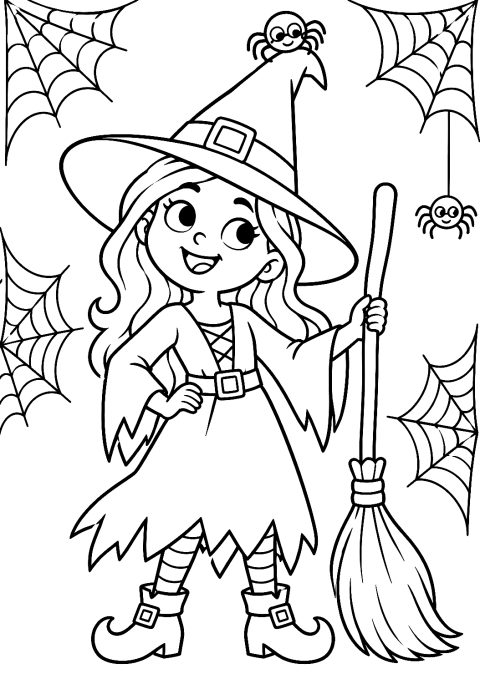 Coloriage d’une Sorcière avec une Araignée sur son Chapeau – coloriage à imprimer