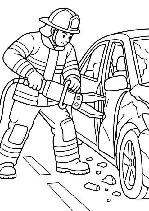 Feuerwehrmann bei der Autounfallrettung als Malvorlage – Ausmalbild zum Ausdrucken