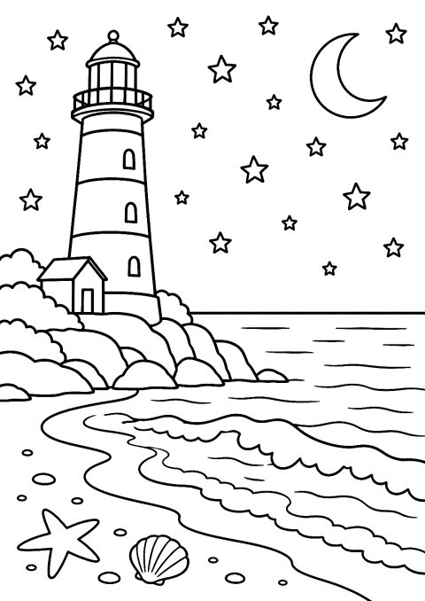 Sternenhimmel über dem Leuchtturm am Meer als Malvorlage – Ausmalbild zum Ausdrucken