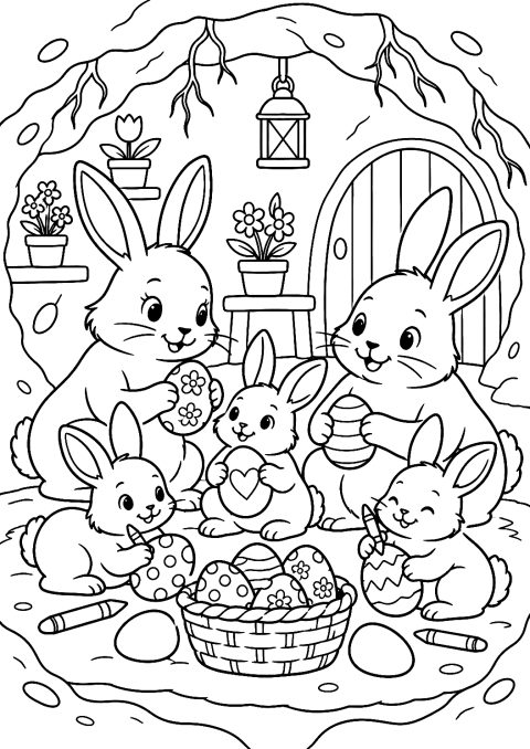 Osterhasenfamilie im Hasenbau als Malvorlage – Ausmalbild zum Ausdrucken