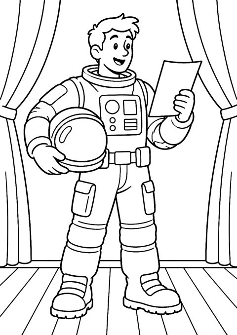Schauspieler im Astronautenkostüm bei der Theaterprobe als Malvorlage – Ausmalbild zum Ausdrucken