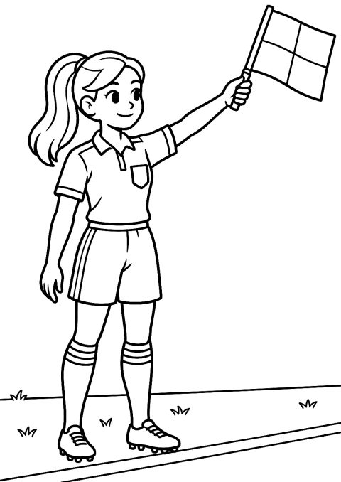 Página para colorear de futbolista agitando una bandera como árbitra asistente – dibujo para colorear e imprimir